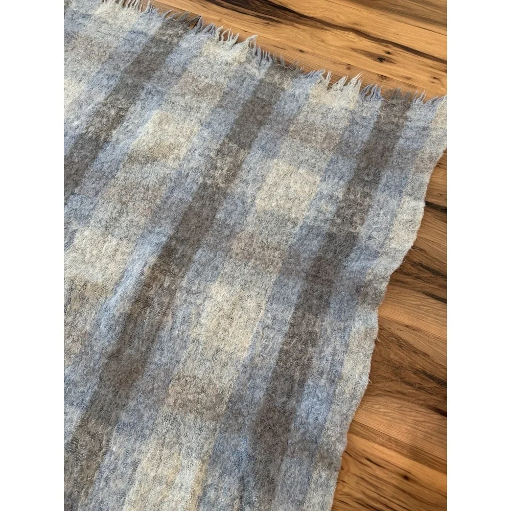 Vtg Hudson's Bay Plaid Brushed Wool Blend Throw Blanket Blue Gray Fringe 60x44